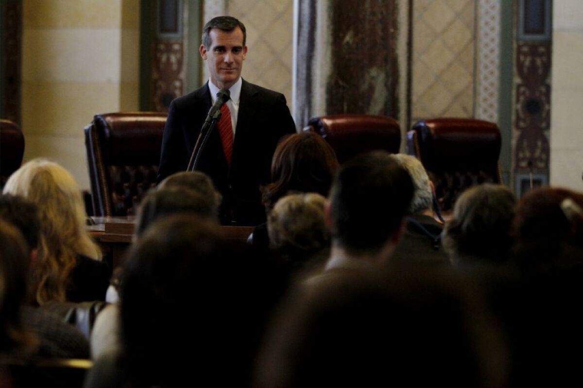 L.A. Mayor Eric Garcetti sharing some of his thinking about municipal arts policy for an audience of local arts leaders Tuesday at City Hall.