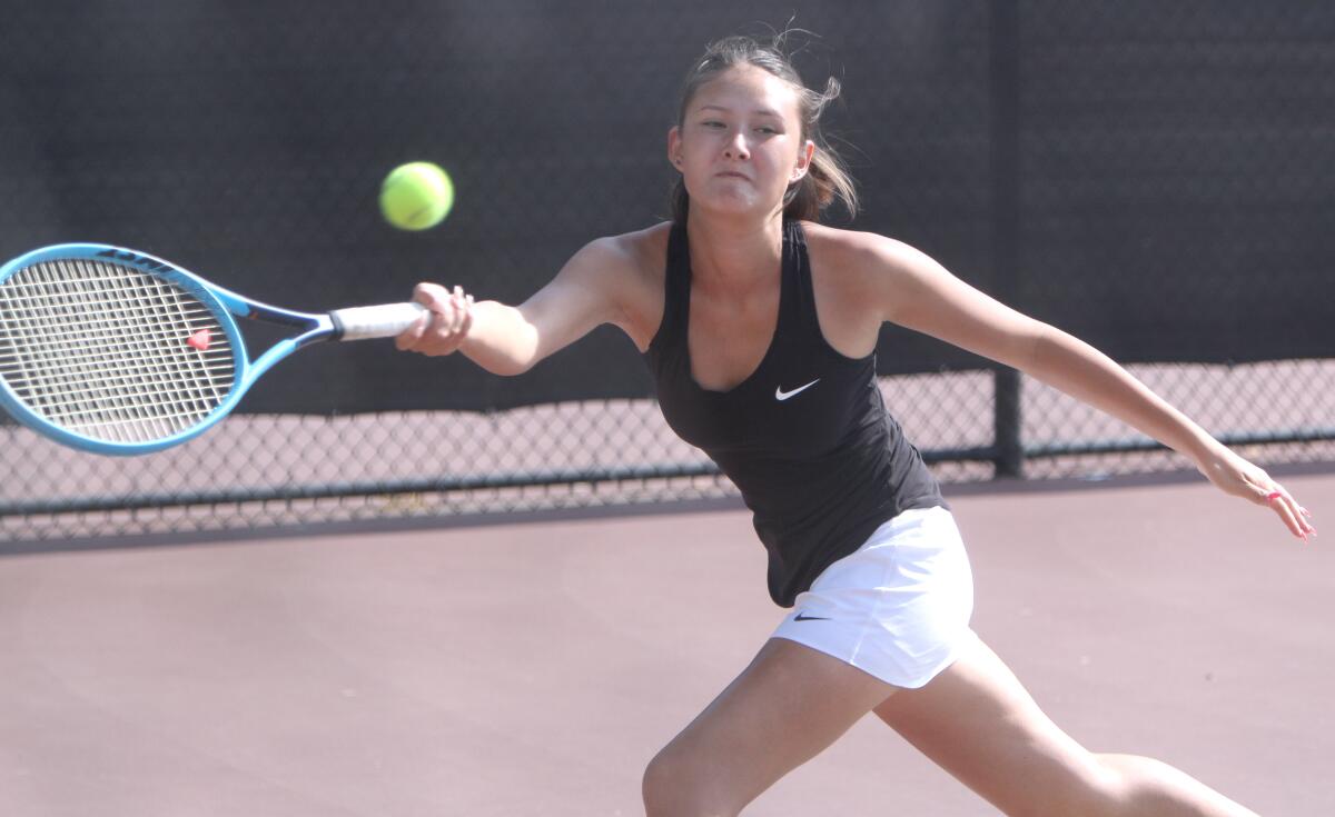 Glendale High School girls' tennis doubles player Momo Guzman returns the serve in match at Burroughs High School in Burbank, on Tuesday, Sept. 10, 2019.