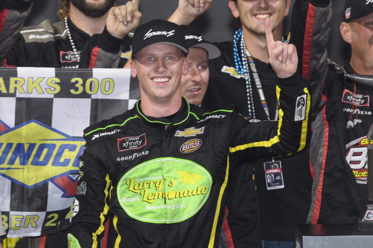 Brandon Brown celebrates after winning a NASCAR Xfinity Series race on Oct. 2 in Talladega, Ala.