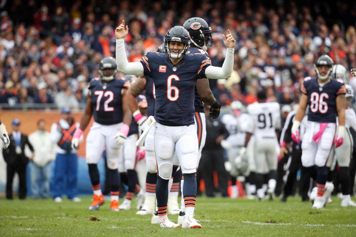 Jay Cutler can't believe the call after he was sacked in the second quarter against the Raiders.