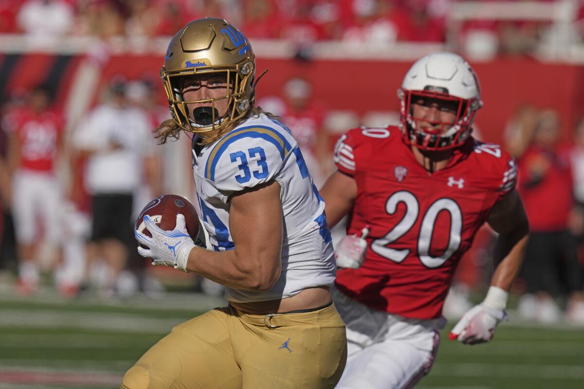 UCLA running back Carson Steele catches a pass against Utah.