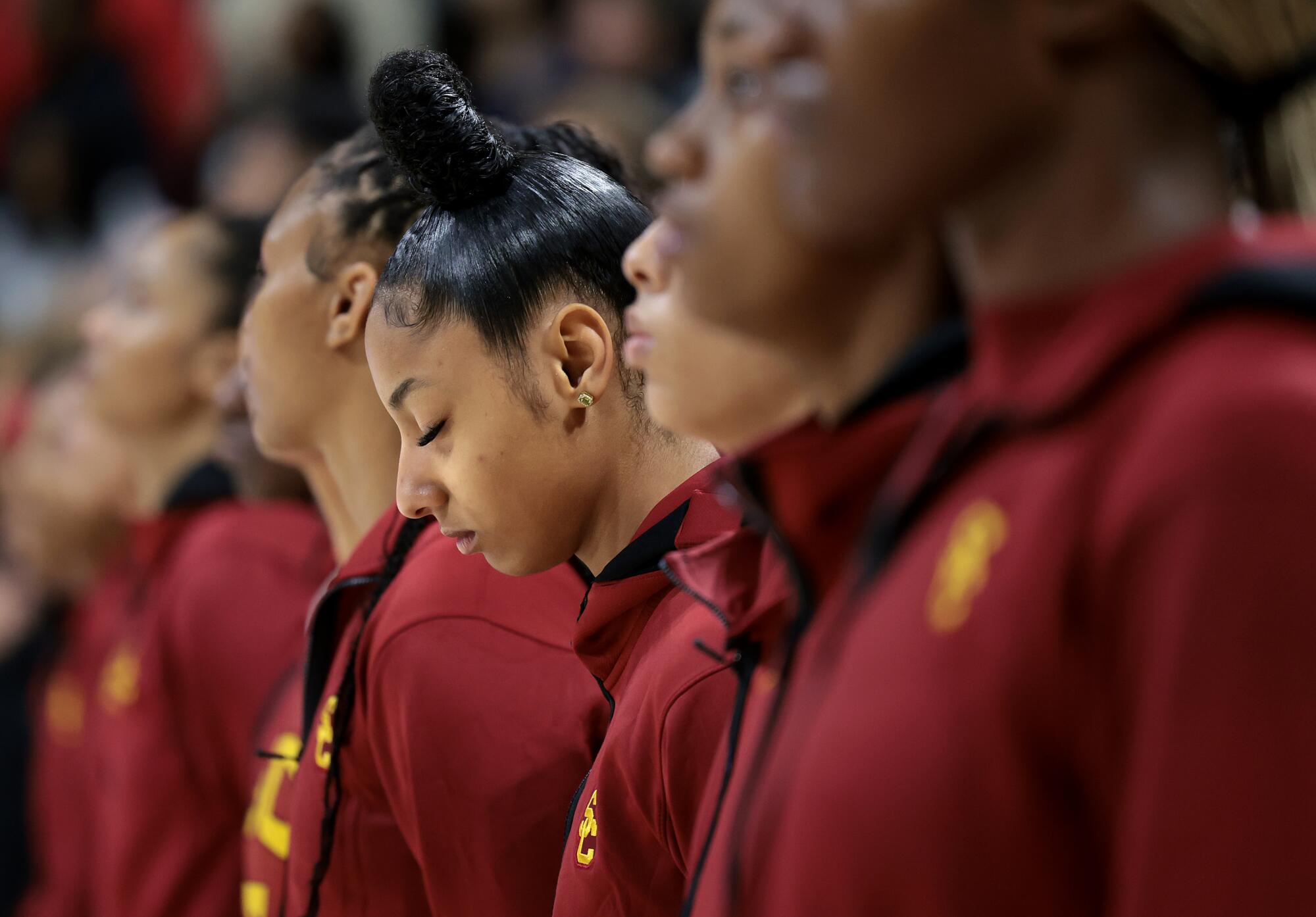 USC freshman guard Juju Watkins stands with her eyes closed before a recent game at Long Beach State.
