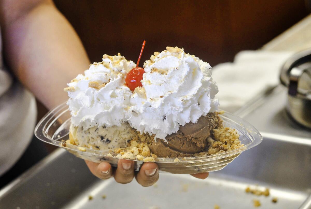 A banana split from Fosselman's ice cream store can make the perfect Valentine's Day treat for two.