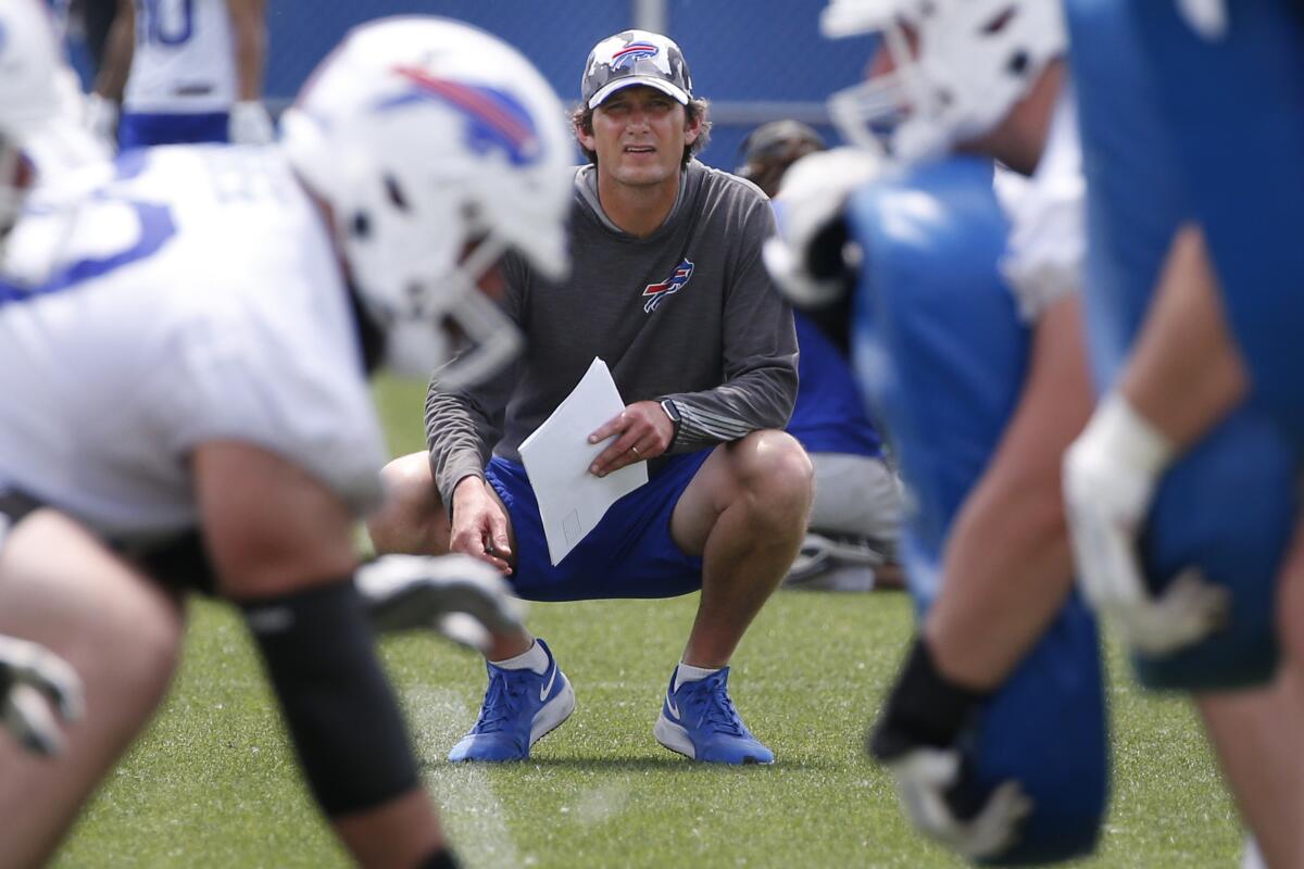 FILE - Buffalo Bills offensive coordinator Ken Dorsey looks on during the NFL football team's mandatory minicamp in Orchard Park, N.Y., on June 15, 2022. Dorsey has the self-awareness to understand the gravity of the role of being a first-time coordinator and overseeing a high-powered Josh Allen-led Buffalo Bills offense . (AP Photo/Jeffrey T. Barnes, File)