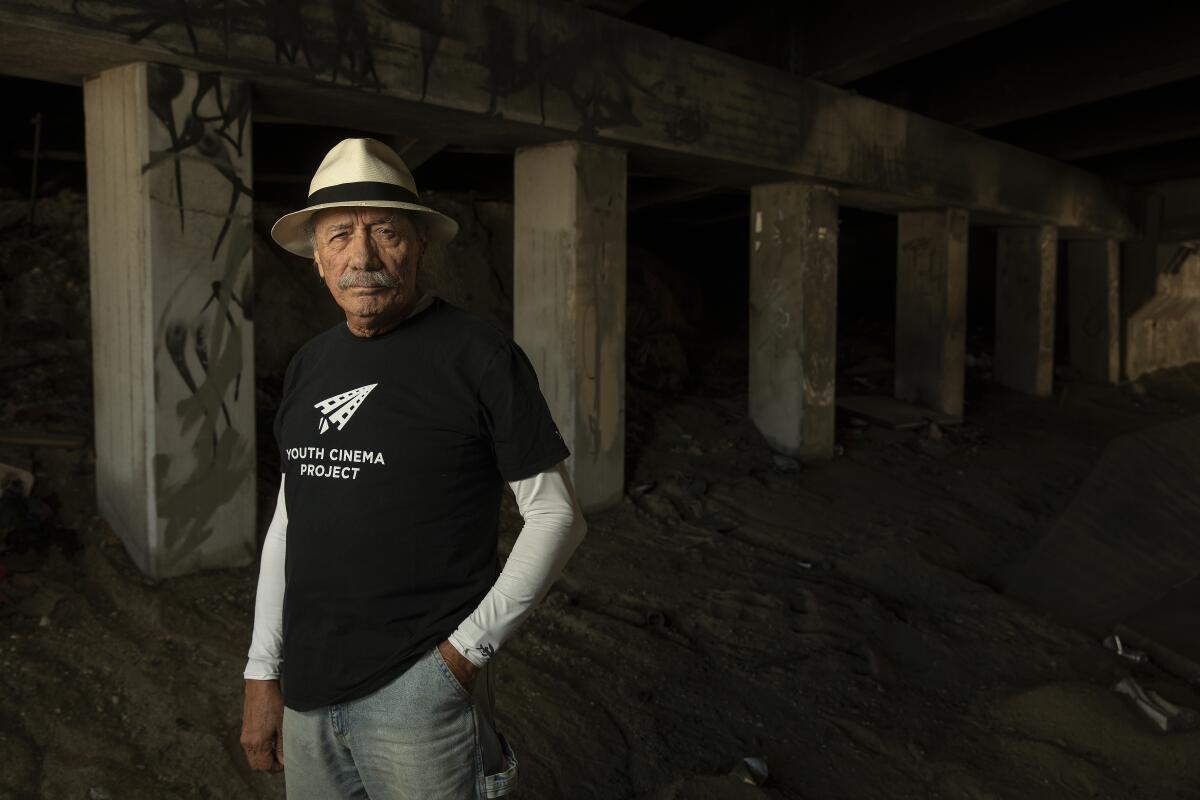 Edward James Olmos, posing in a Burbank underpass in August.