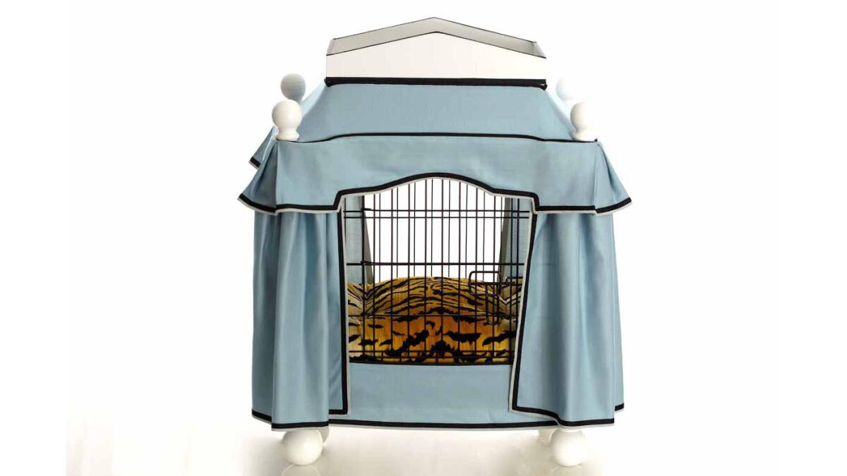 Interior designer Michael Tavano, co-founder of Marks & Tavano Workroom, fashioned dog crate covers, cushions and accessories, including a penthouse roof tray for leashes that complement homeowners’ interiors. Customized designs from $1,500 at marksandtavano.com.