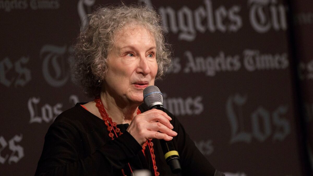 Margaret Atwood, author of "The Handmaid's Tale," discusses her book during the Los Angeles Times Festival of Books at USC on Sunday.