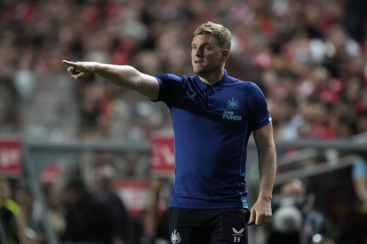 Newcastle's head coach Eddie Howe gestures during the Eusebio Cup soccer match between Benfica and Newcastle at the Luz stadium in Lisbon, Tuesday, July 26, 2021. Benfica won 3-2. (AP Photo/Armando Franca)