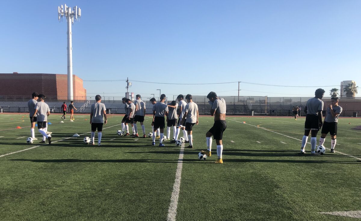 Soccer players work out at Cathedral High in downtown Los Angeles.