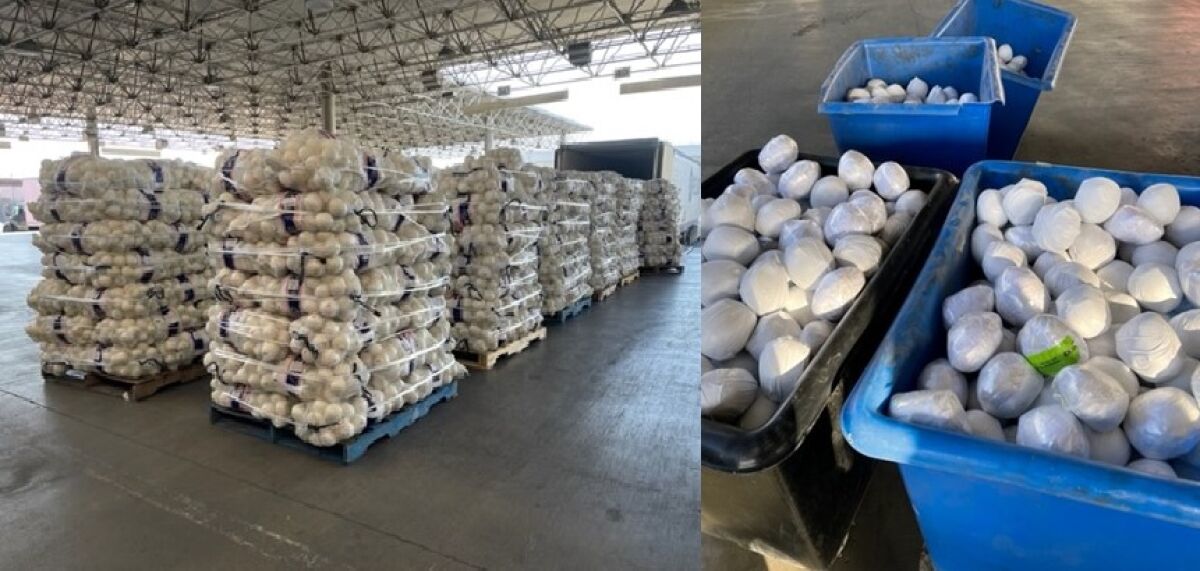 Pallets stacked with sacks of onions, and white bags of meth