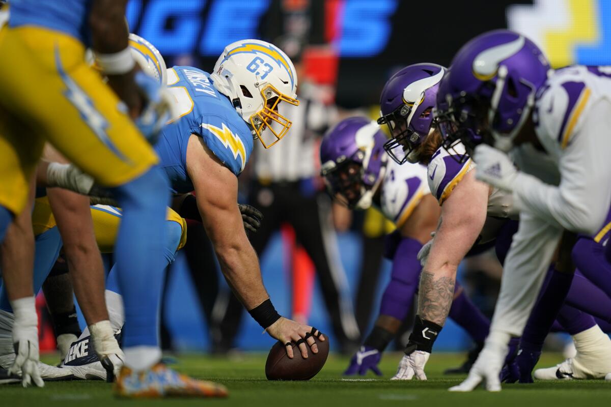 Chargers center Corey Linsley (63) prepares for the snap during the first half against the Minnesota Vikings.