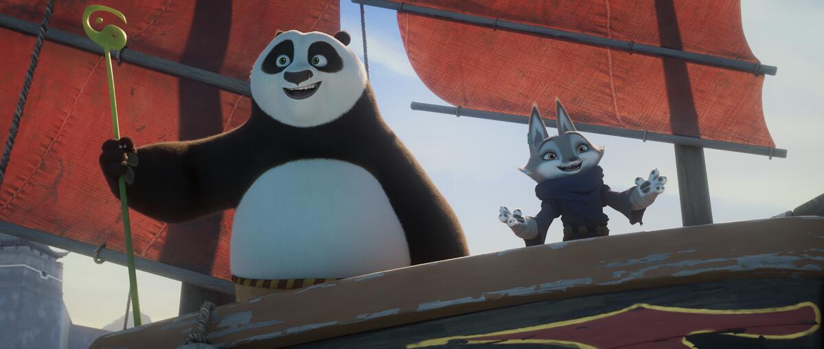 A panda and a fox sail on a boat.