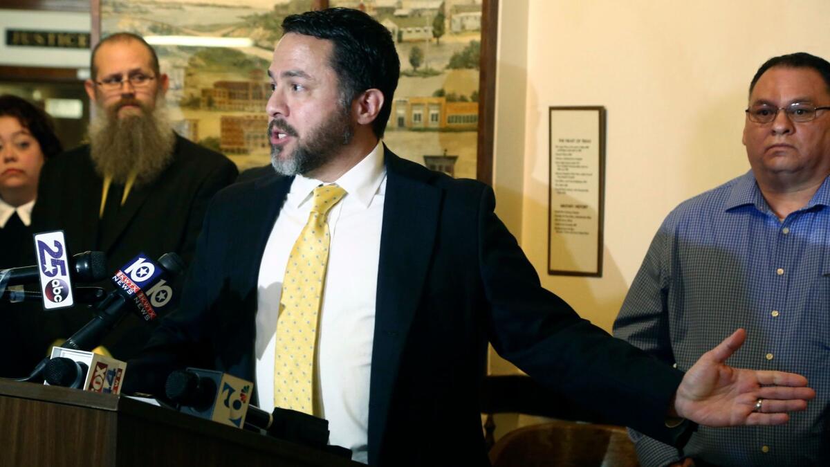 Attorney Brian Bouffard, who represents Jorge Daniel Salinas, talks about his case being dropped by the McLennan County district attorney's office during a press conference on Thursday, Feb. 8, 2018, in Waco, Texas.