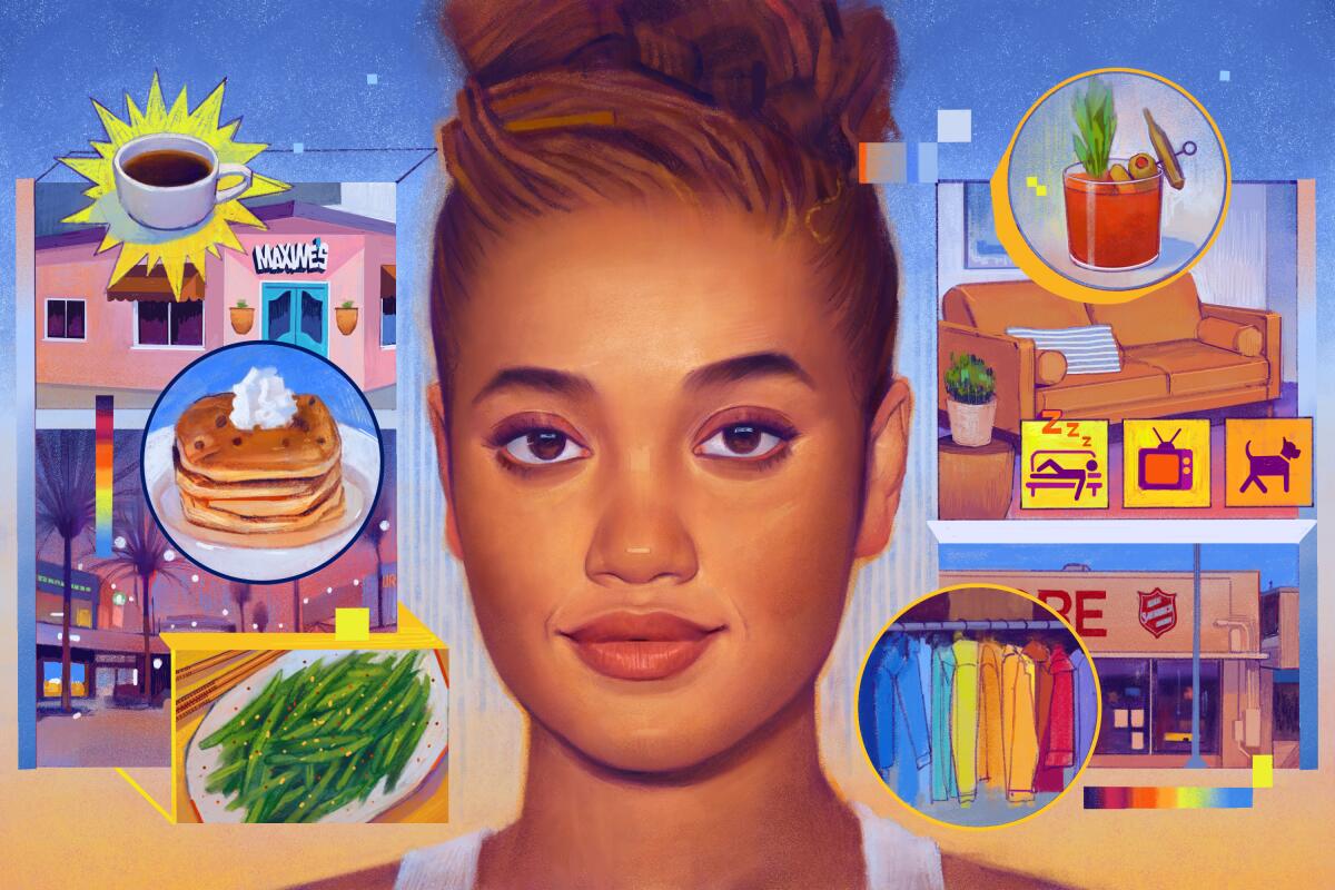 Digital painting portrait of Kiersey Clemons surrounded by coffee, a stack of pancakes, clothes on a rack and more.