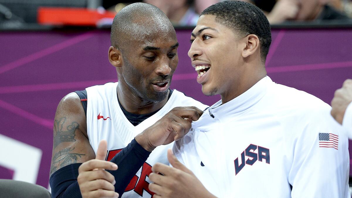 Kobe Bryant, left, is ready to leave the Olympics behind for younger players like Pelicans All-Star forward Anthony Davis.