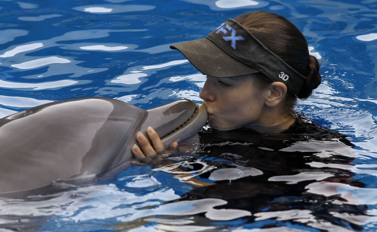 FILE - Clearwater Marine Aquarium senior marine mammal trainer Abby Stone kisses Winter the dolphin during a show Wednesday, Aug. 31, 2011, in Clearwater, Fla. Winter starred in the "Dolphin Tale" movies has died at a Florida aquarium despite life-saving efforts by animal care experts. The Clearwater Marine Aquarium said the 16-year-old female bottlenose dolphin died Thursday, Nov. 11, 2021, while being treated for a gastrointestinal abnormality. (AP Photo/Chris O'Meara, File)