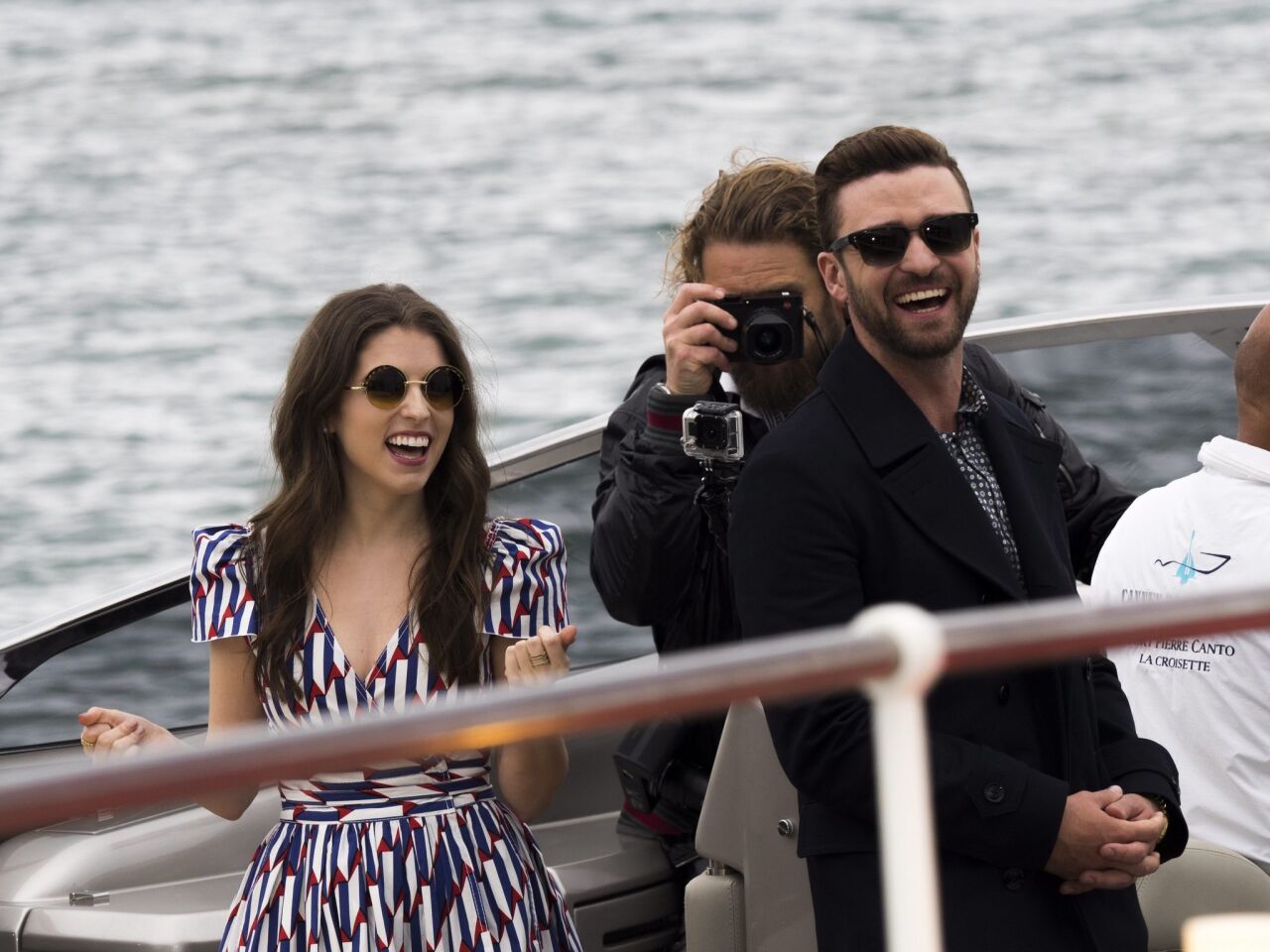 Actress Anna Kendrick, left, and Justin Timberlake, right, arrive by boat to the photocall for "Trolls" at the 69th annual Cannes Film Festival on Wednesday.