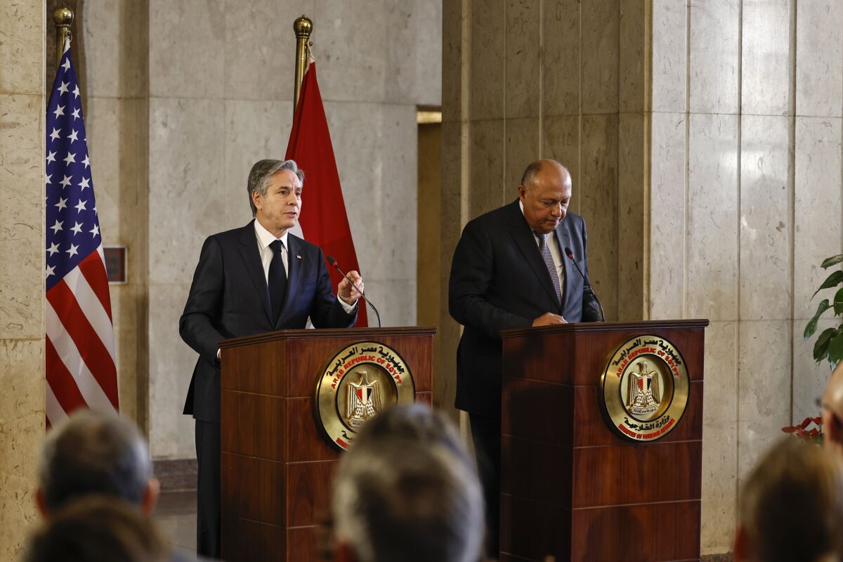 U.S. Secretary of State Antony Blinken and Egyptian Foreign Minister Sameh Shoukry speak in Cairo on Monday.