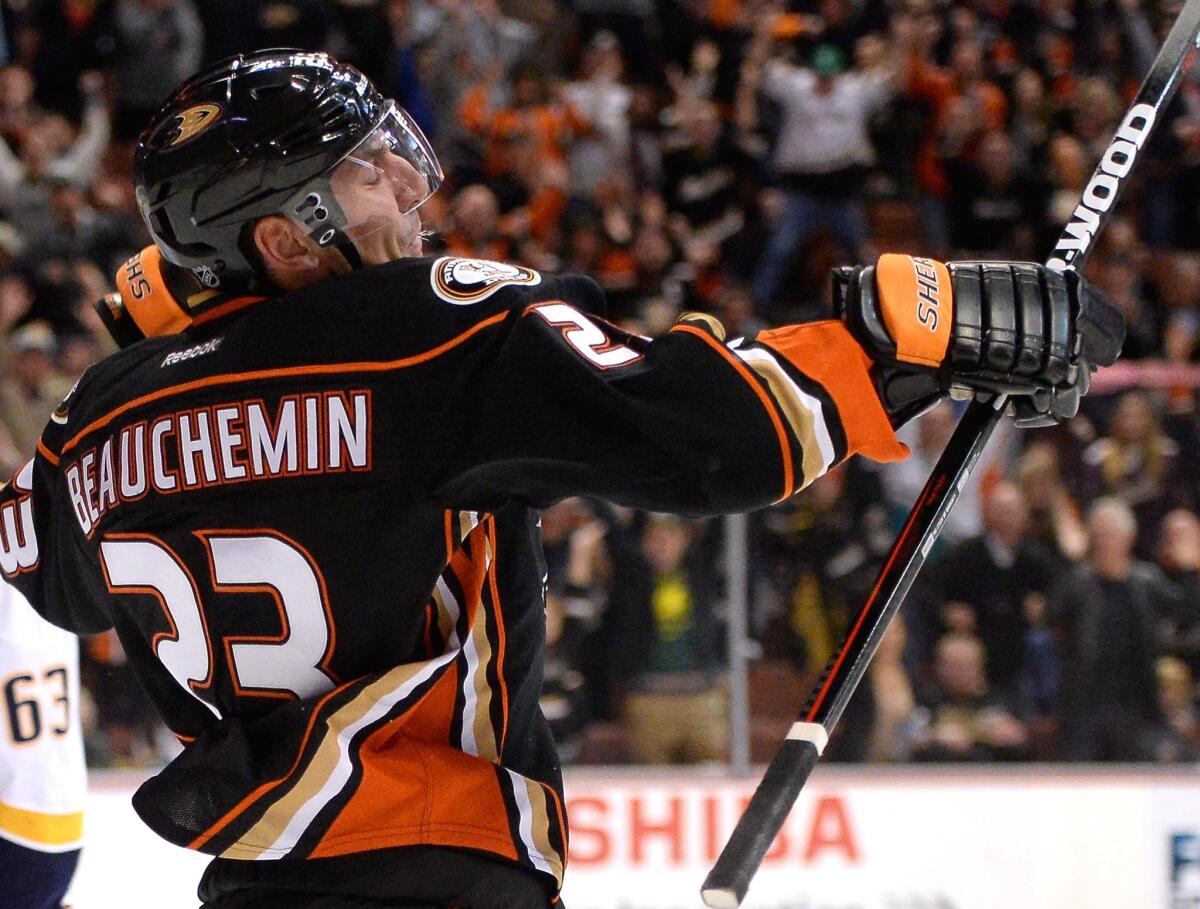 Ducks defenseman Francois Beauchemin celebrates after scoring against the Predators in the third period to tie the score, 3-3, on Sunday night in Anaheim.