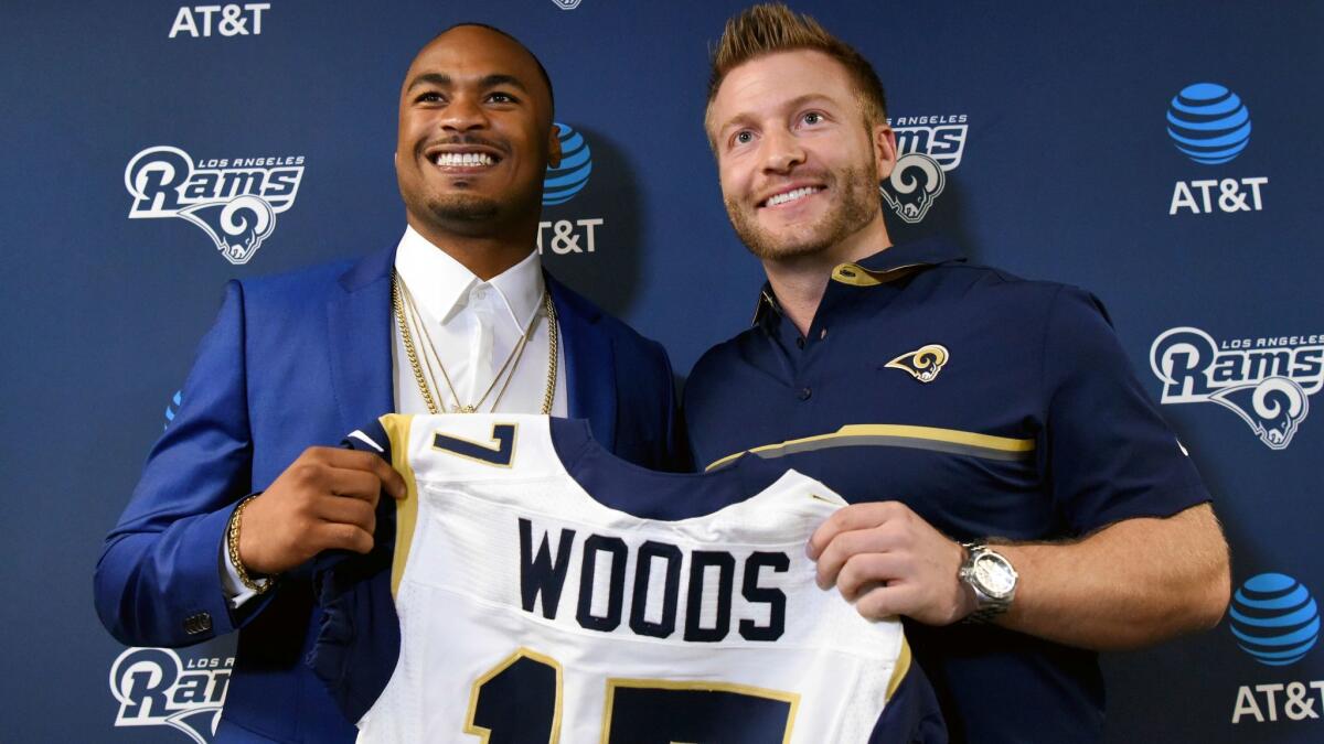 Rams wide receiver Robert Woods and Coach Sean McVay at a news conference March 10, 2017, in Thousand Oaks.