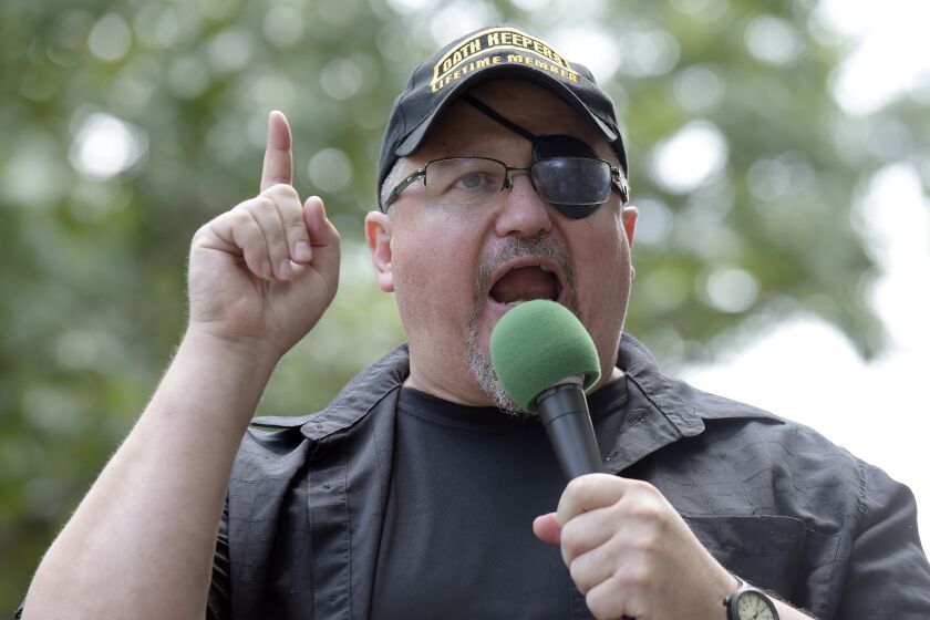 FILE - Stewart Rhodes, founder of the Oath Keepers, speaks during a rally outside the White House in Washington, June 25, 2017. Rhodes has been sentenced to 18 years in prison for seditious conspiracy in the Jan. 6, 2021, attack on the U.S. Capitol. He was sentenced Thursday after a landmark verdict convicting him of spearheading a weekslong plot to keep former President Donald Trump in power. (AP Photo/Susan Walsh, File)