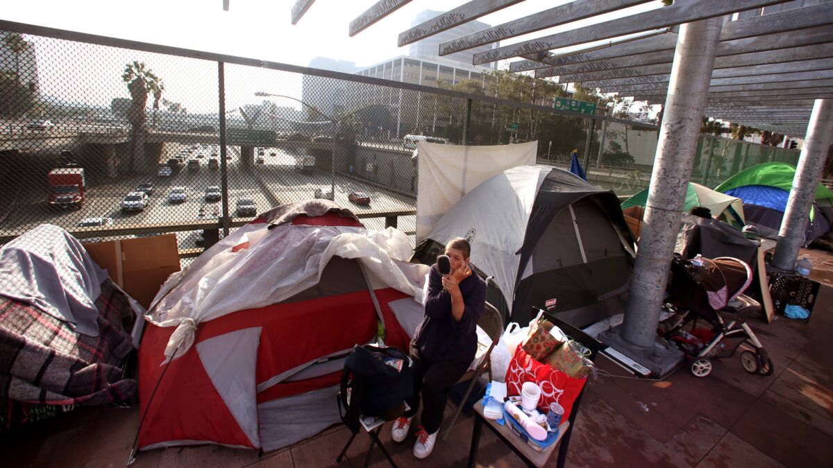 A woman makes her home in a tent above the 101 Freeway in downtown Los Angeles in 2015.