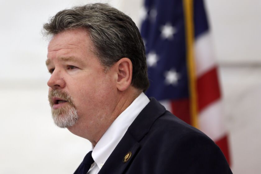 FILE - Sen. Alan Clark, R-Lonsdale, speaks during a news conference at the Arkansas state Capitol in Little Rock, Ark., Aug. 10, 2015. On Tuesday, Sept. 27, 2022, the majority-Republican Arkansas Senate approved its ethics committee's recommendation to suspend Clark for the rest of the 93rd General Assembly, which ends on Jan. 8, 2023. (AP Photo/Danny Johnston, File)