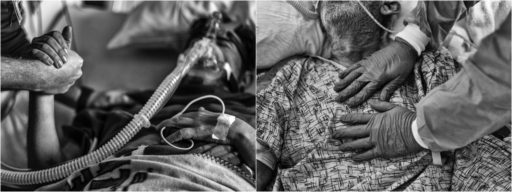 Left: A patient's hand is held by Chaplain Kevin. Right: The chaplain's hands on a patient's chest.