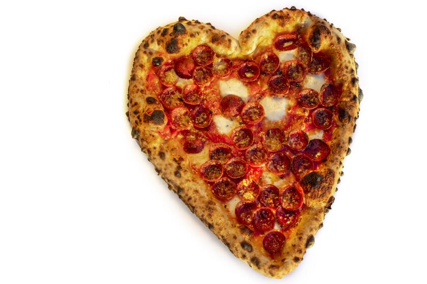 LOS ANGELES, CA - FEBRUARY 4, 2021: Pepperoni heart-shaped pizza for Valentines Day at La Morra on February 4, 2021 in Los Angeles, California.(Gina Ferazzi / Los Angeles Times)