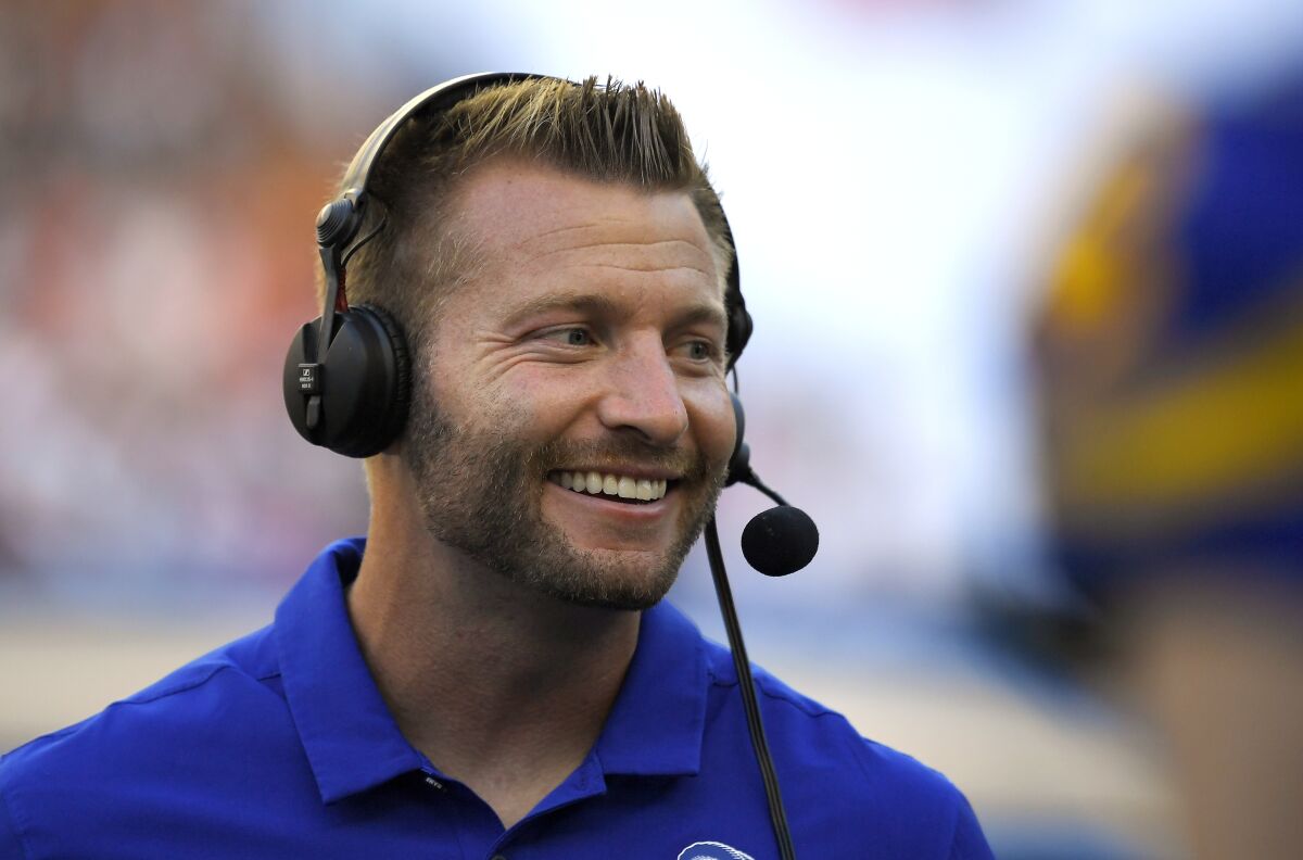 The Rams' success on road trips brings a smile to the face of coach Sean McVay. 