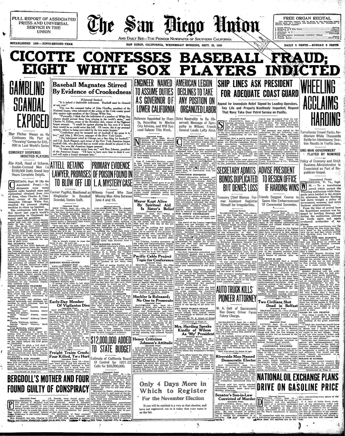 From the Archives: Baseball's Black Sox scandal erupted 100 years ago - The  San Diego Union-Tribune