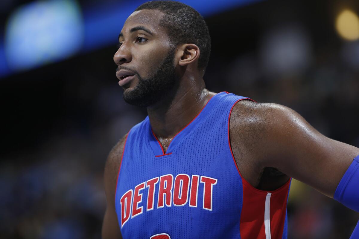 Detroit's Andre Drummond looks on during a game against the Nuggets in Denver on Oct. 29, 2014.