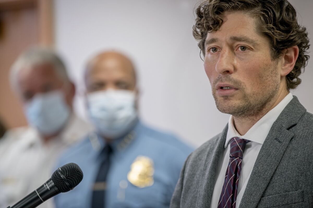 FILE - In this May 28, 2020 file photo, Minneapolis Mayor Jacob Frey speaks during a news conference in Minneapolis. Newly released video that shows Minneapolis police officers talking about “hunting people” during unrest following the death of George Floyd is now becoming an issue in the upcoming citywide election as Mayor Jacob Frey seeks a second term and residents will vote on whether they want to replace the police department with a new agency. (Elizabeth Flores/Star Tribune via AP, File)
