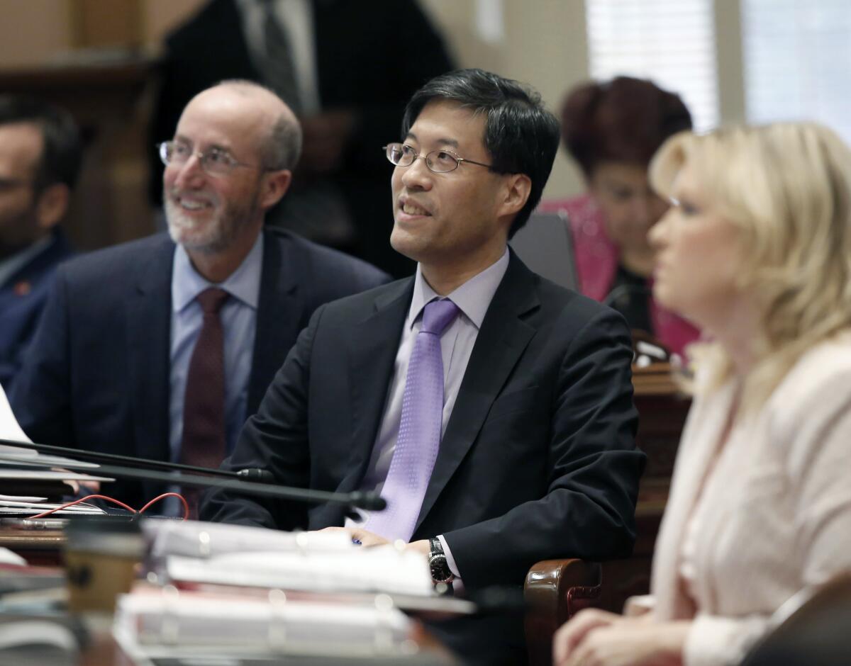 Sen. Richard Pan (D-Sacramento) smiles Wednesday as the state Senate approves his measure to crack down on fraudulent vaccination exemptions — amended as Gov. Gavin Newsom requested.