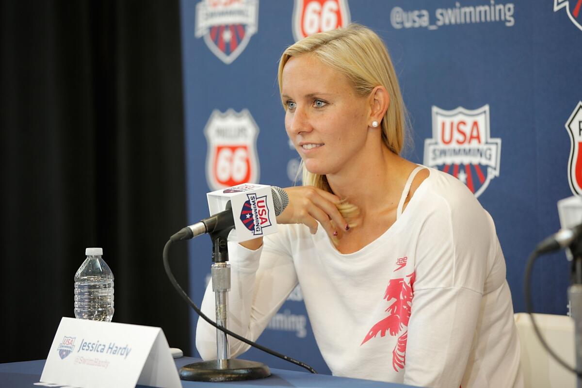 Jessica Hardy speaks during a news conference at the William Woollett Jr. Aquatics Complex in Irvine on Aug. 5. Hardy won the 50 meter breaststoke on Friday with a nationals record-setting time of 30.12 seconds.