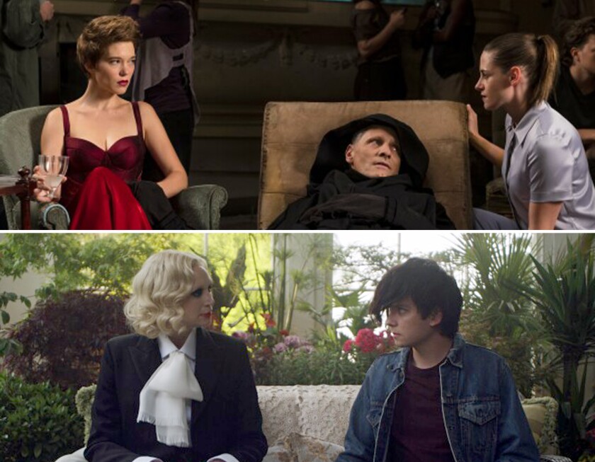 Two stacked photos. At top: A man slumps in a chair while women on either side talk to him. At bottom: two people on a couch