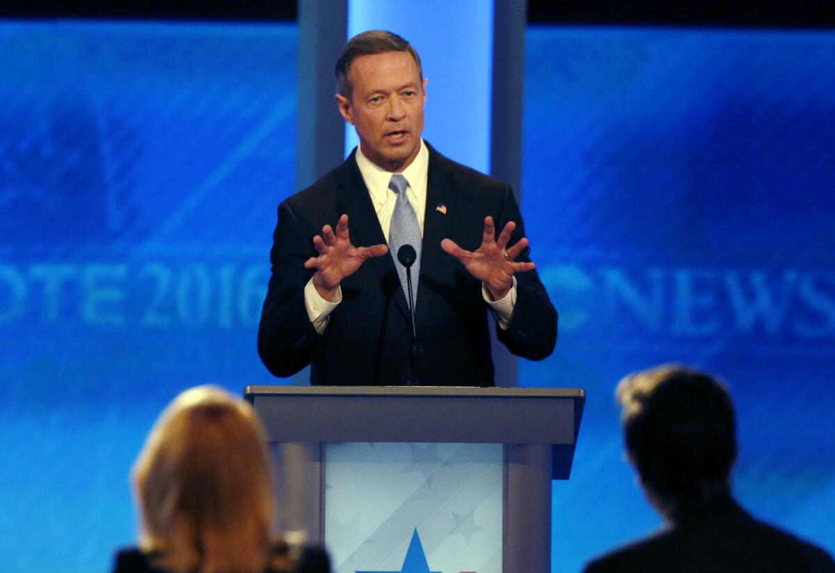 Martin O’Malley speaks during a Democratic presidential primary debate Saturday, Dec. 19, 2015, at Saint Anselm College in Manchester, N.H. (AP Photo/Jim Cole)