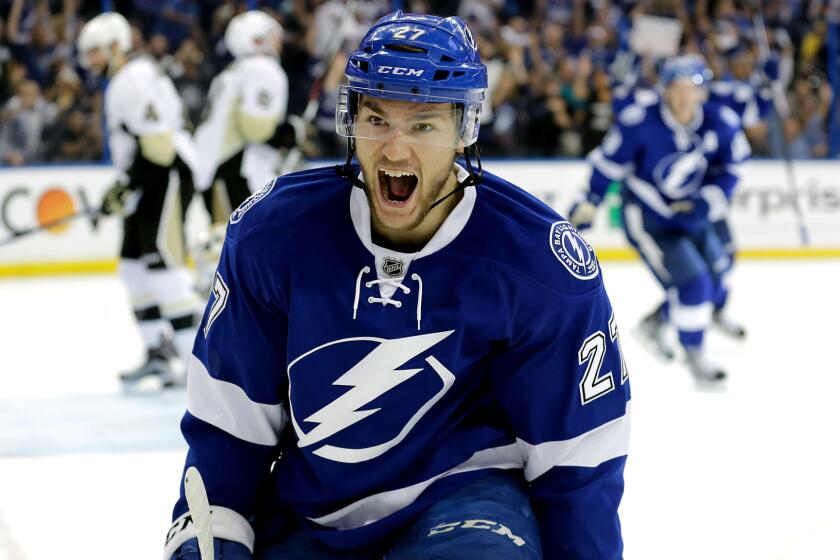Lightning left wing Jonathan Drouin celebrates after scoring a goal against the Penguins during the second period of Game 4 on Friday night.