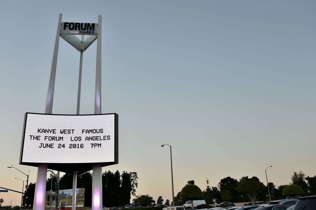 The marquee for Kanye West's video premiere for "Famous" is displayed outside the Forum.