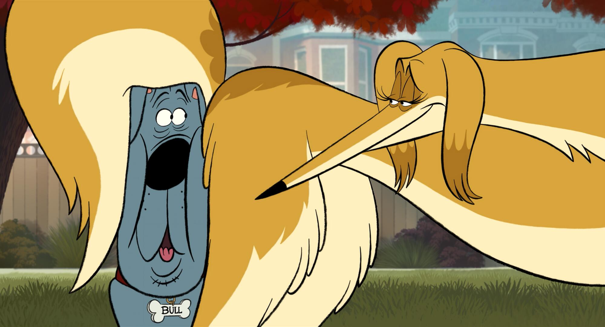 An animated grey dog wearing a tag that reads Bull is embraced by the tail of an orange dog.