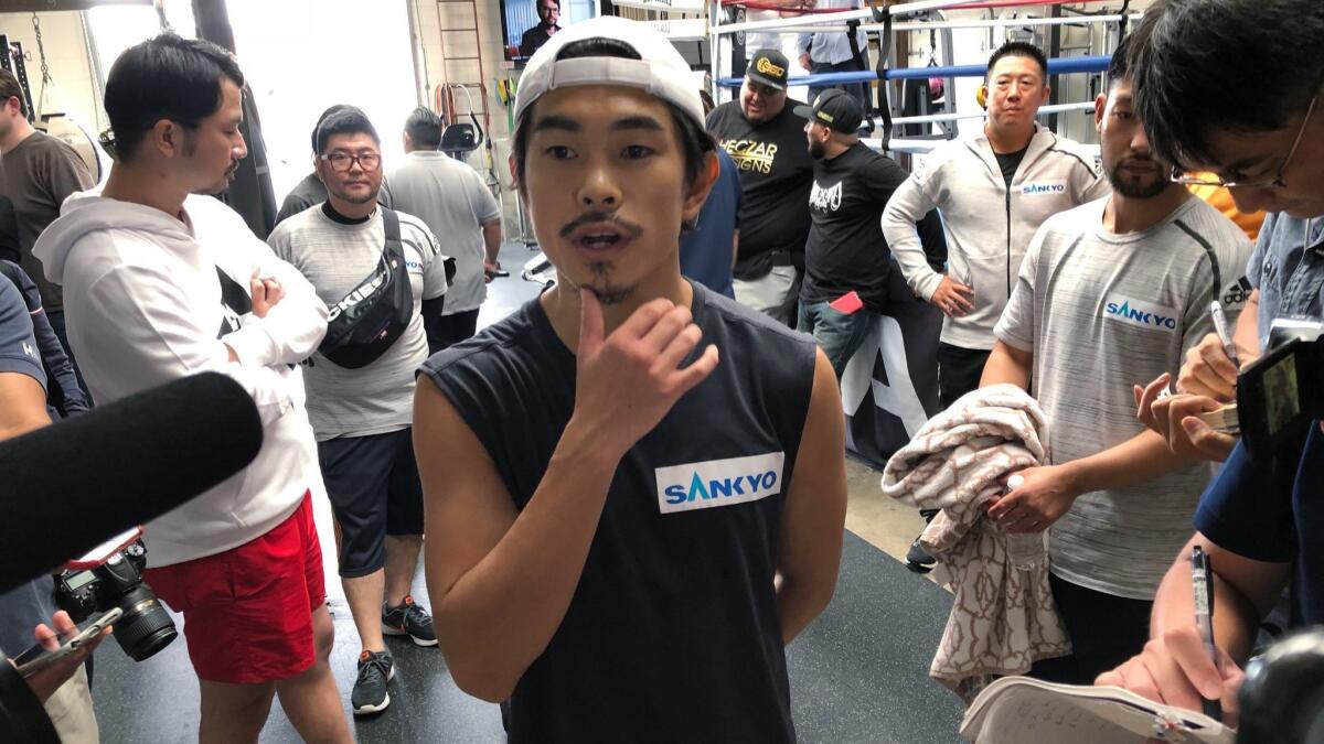 Boxer Kazuto Ioka fields media questions during a training session at Wild Card West gym in Santa Monica earlier this week.