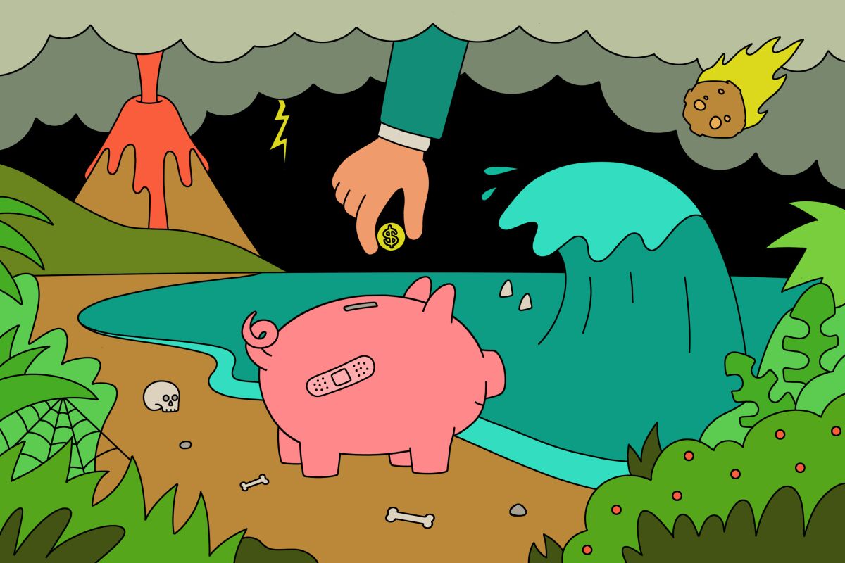An illustration that includes a volcano, a tidal wave and a meteor, with a hand putting a coin in a piggy bank.