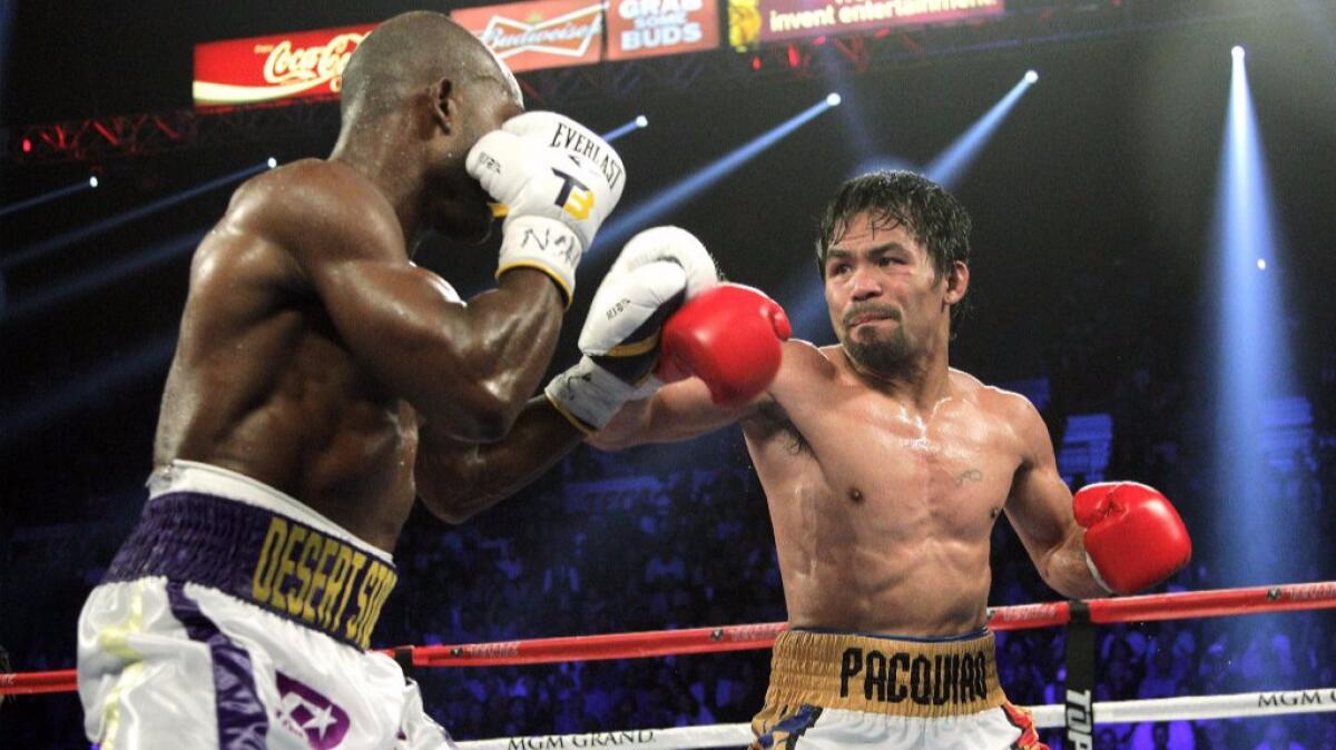 Timothy Bradley Jr., left, and Manny Pacquiao square off on April 9.