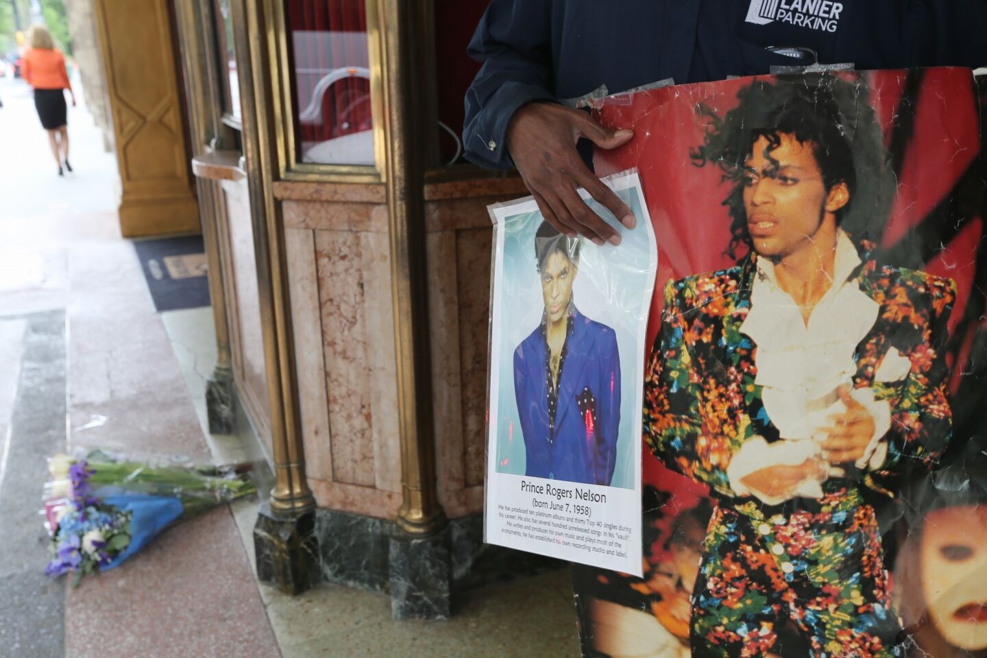 Michael Hampton honors Prince in front of the Fox Theatre in Atlanta.