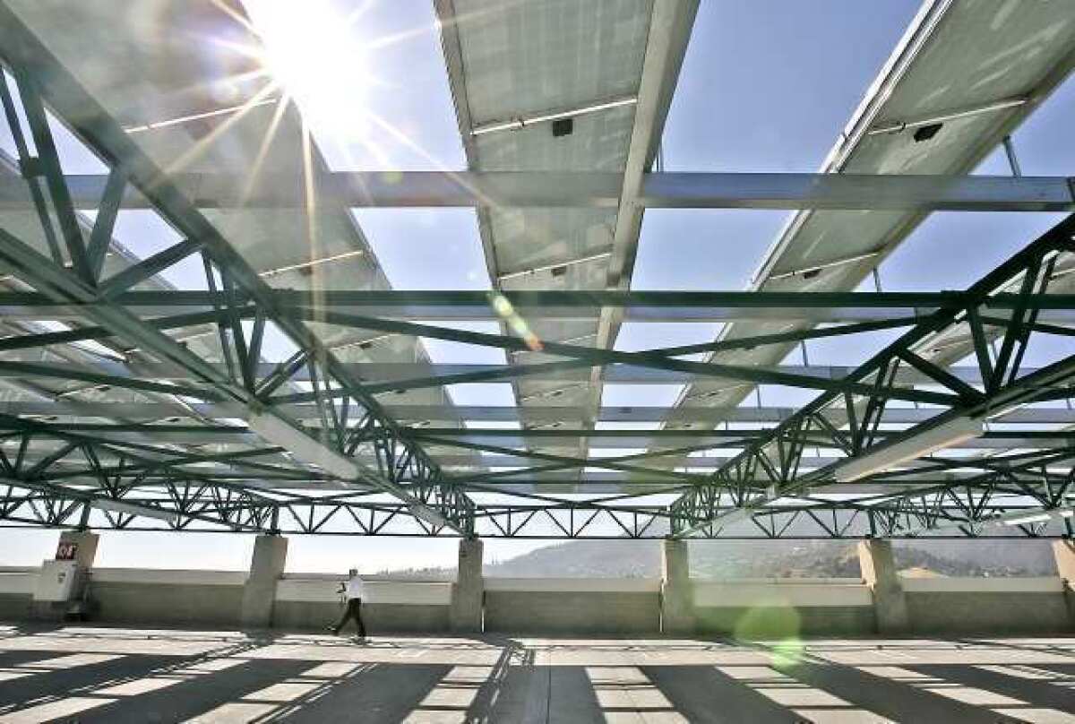 Solar panels that were installed above a parking structure at Glendale Community College. Similar installations are planned at Glendale Unified.