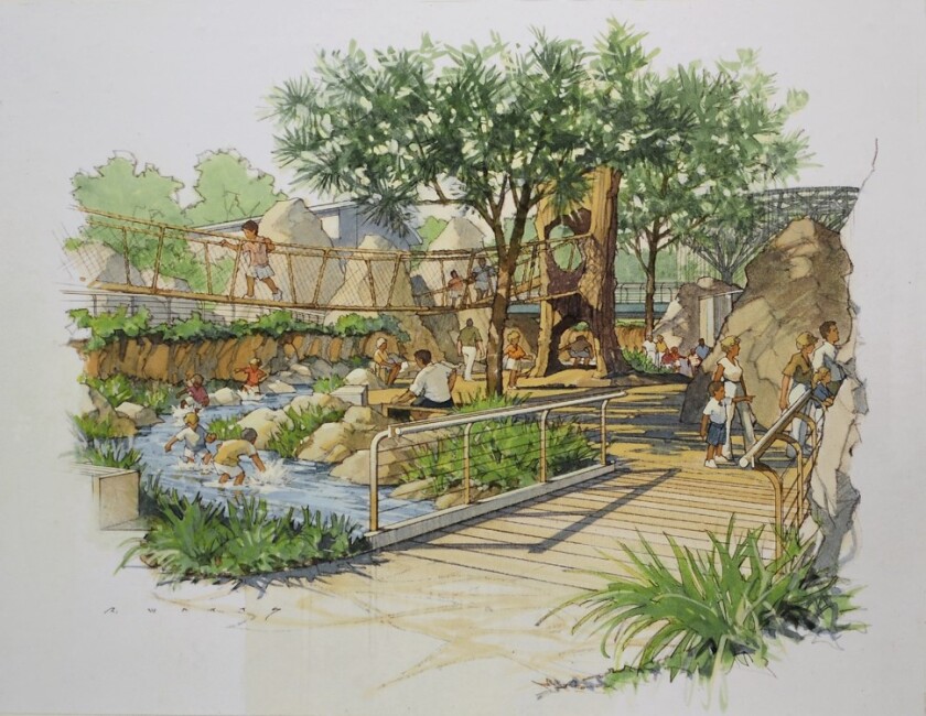 A rendering of the rope bridge at the wild woods section of the zoo's Denny Sanford Wildlife Explorers Basecamp.