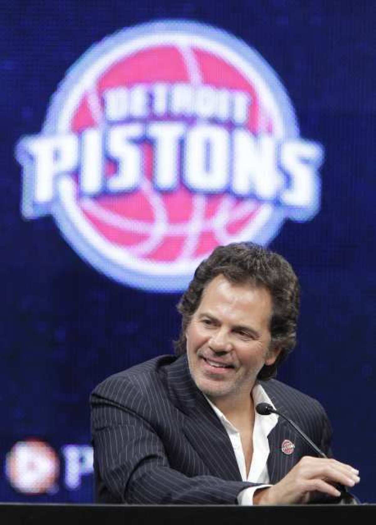 Detroit Pistons owner Tom Gores addresses the media at the Palace of Auburn Hills in Auburn Hills, Mich.