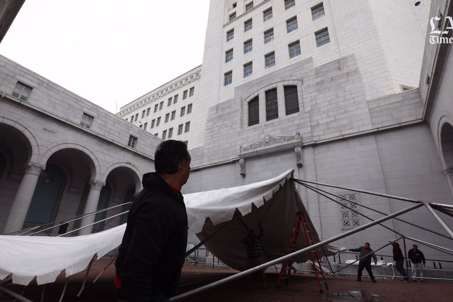 A large tent is installed for public attendance at Tuesday’s Los Angeles City Council meeting. The public was not allowed in the council chamber.