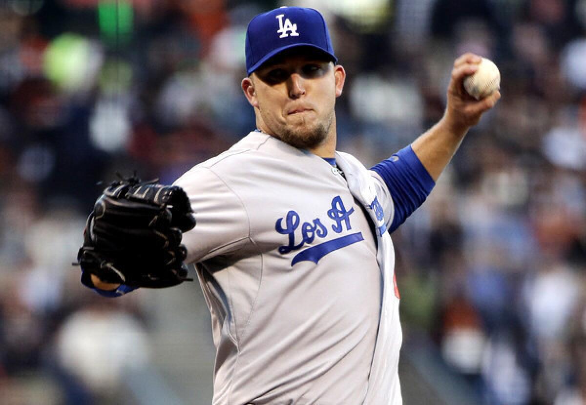 Dodgers starting pitcher Paul Maholm went six innings against the Giants on Wednesday night in San Francisco, giving up five hits and one run.