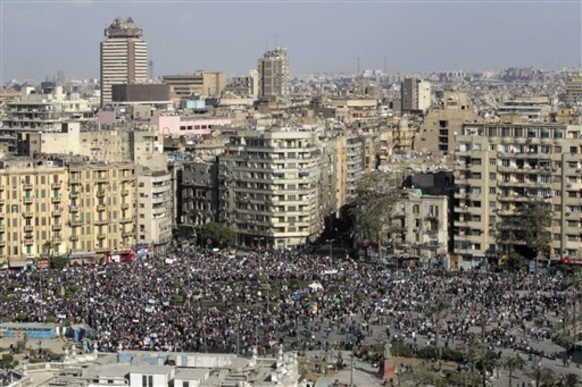 A view of protestors gathered in Tahrir, or Liberation Square, in Cairo, Egypt, Monday, Jan. 31, 2011. A coalition of opposition groups called for a million people to take to Cairo's streets Tuesday to demand the removal of President Hosni Mubarak. (AP Photo/Lefteris Pitarakis)